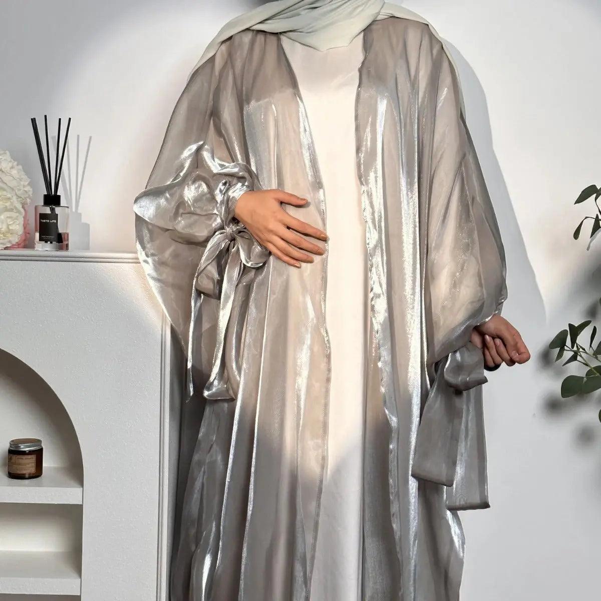 MOA014 Shiny Puff Sleeve Organza Open Abaya - Mariam's Collection