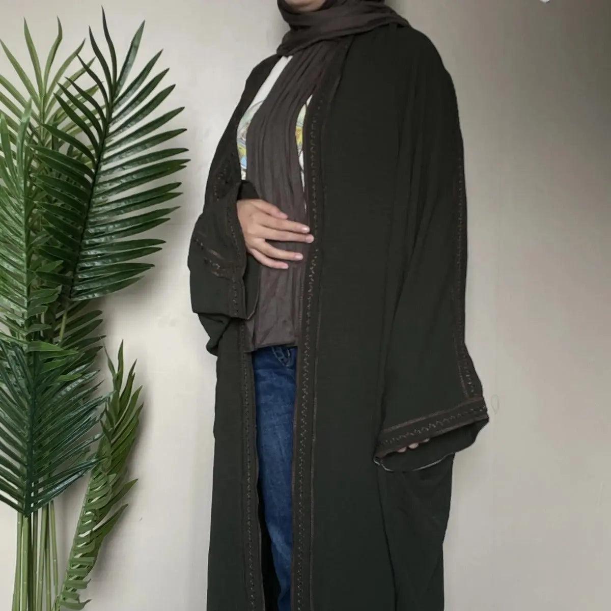 MOA015 Batwing Sleeve Embroidered Open Abaya - Mariam's Collection