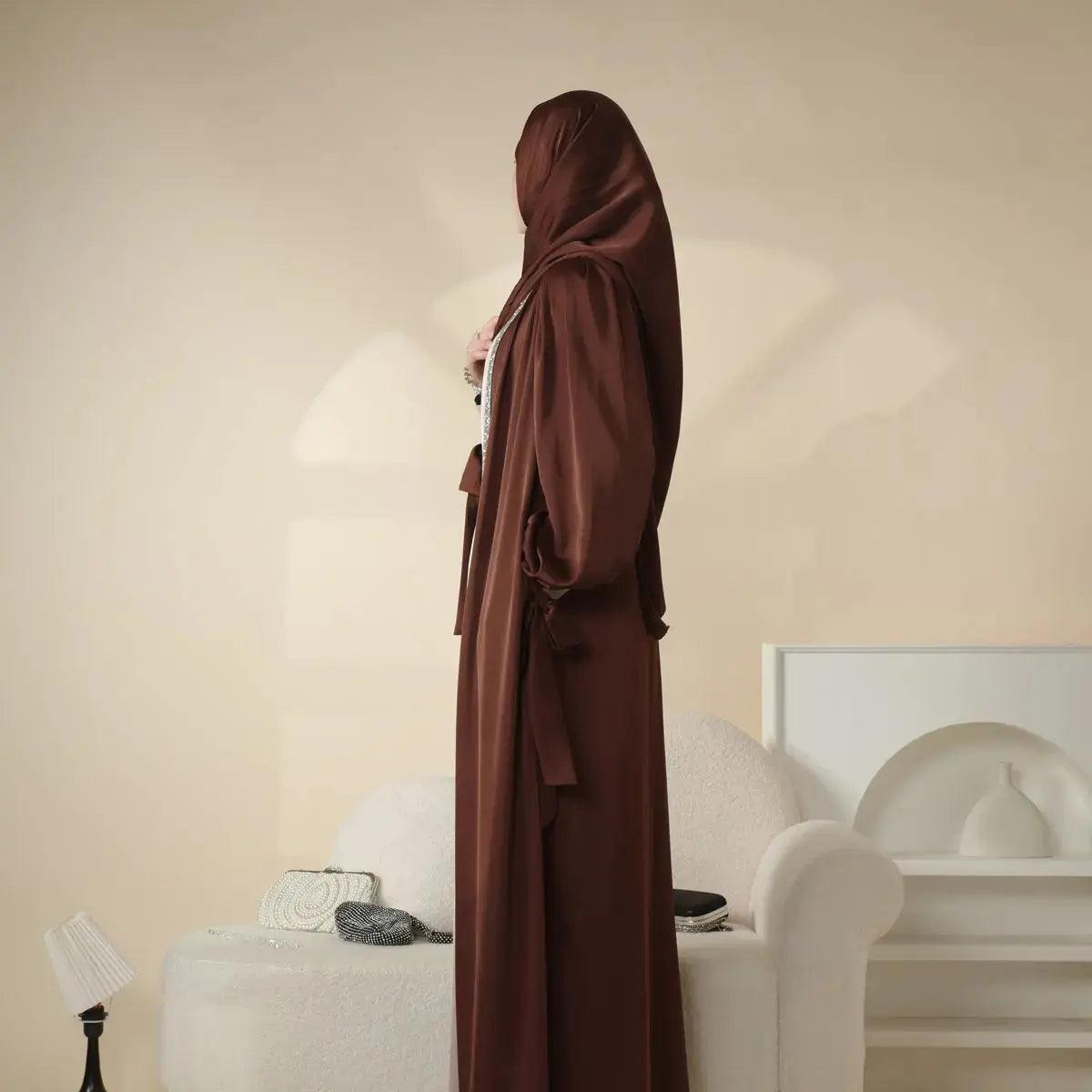 MOA026 Bow Tie Sleeve Diamond Satin Abaya Set 4-piece - Mariam's Collection