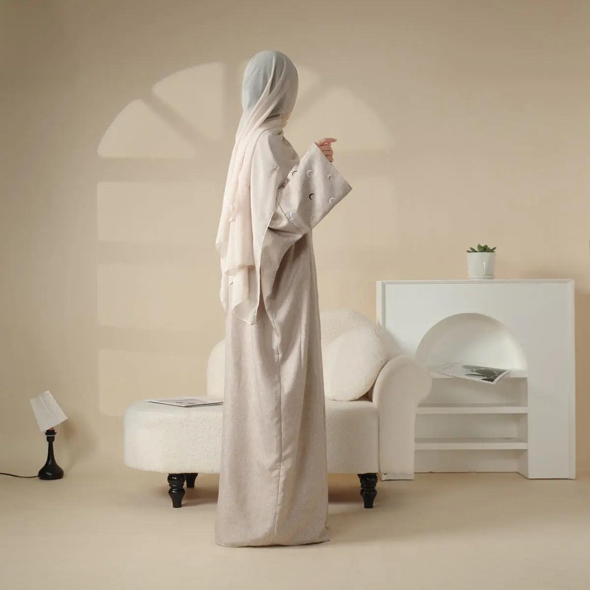 MOA029 Moon Embroidery Open Abaya with Hijab 2-Piece Set - Mariam's Collection