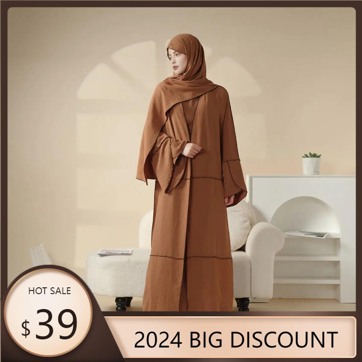 MOA030 Crepe Splicing Open Abaya with Hijab 4-piece Set - Mariam's Collection