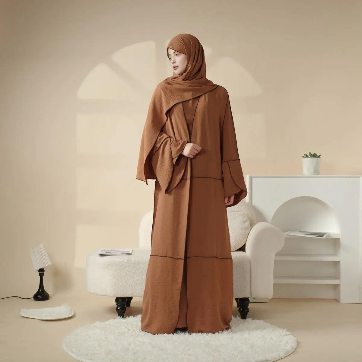 MOA030 Crepe Splicing Open Abaya with Hijab 4-piece Set - Mariam's Collection