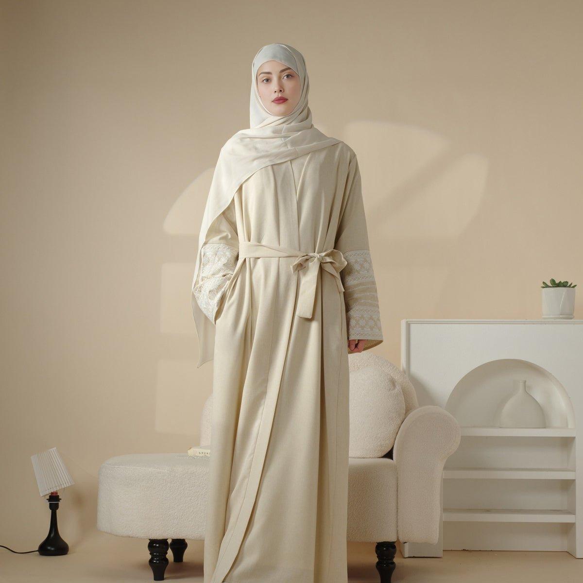 MOA035 Cotton Blend Embroidery Cardigan Open Abaya - Mariam's Collection