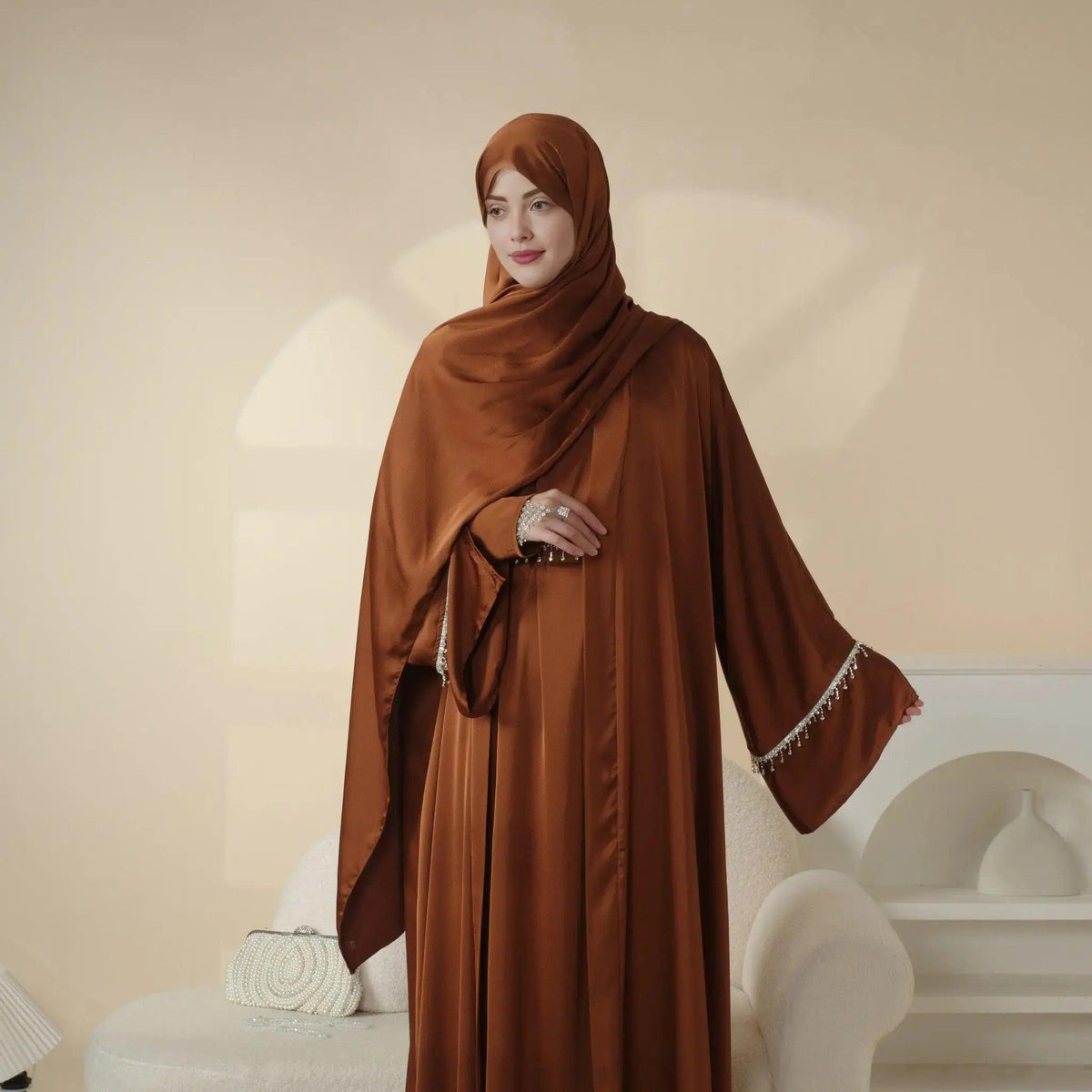 Luxurious Satin Abaya With Diamond Tassels Belt, 6-Piece Set (MOA041)