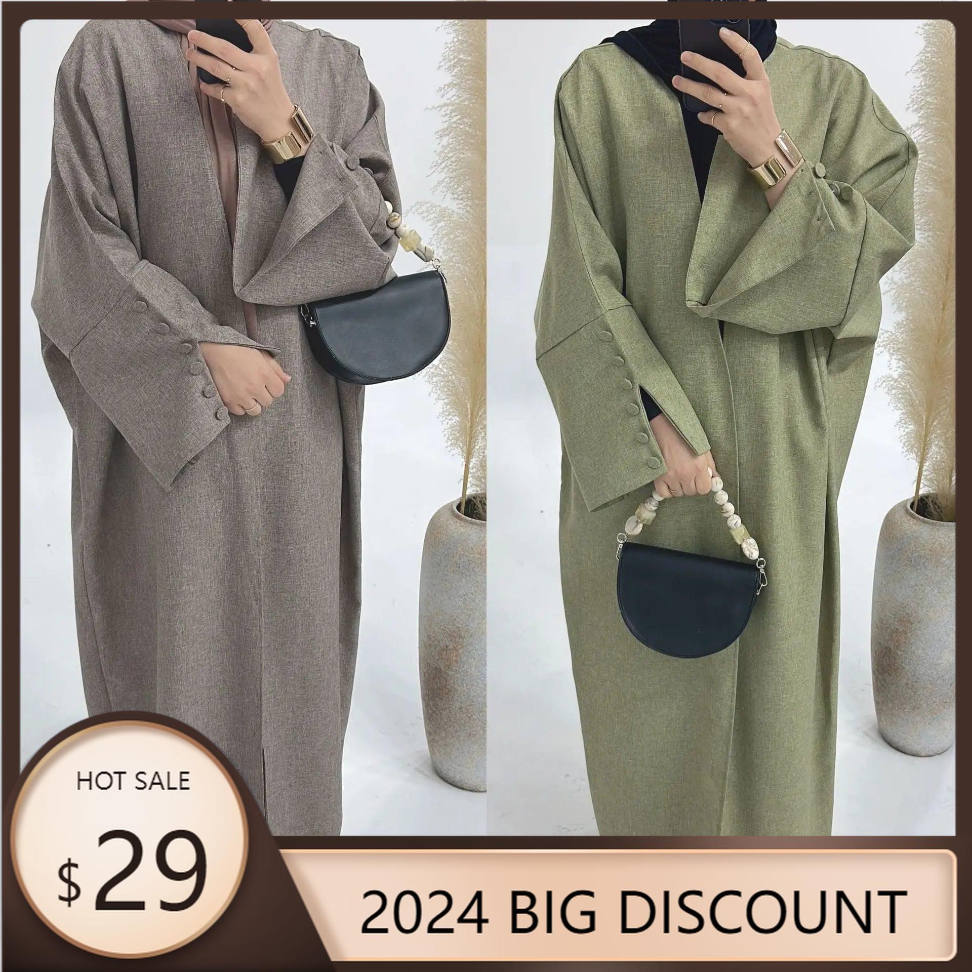 MOA042 Linen Cardigan Open Abaya Dress With belt - Mariam's Collection