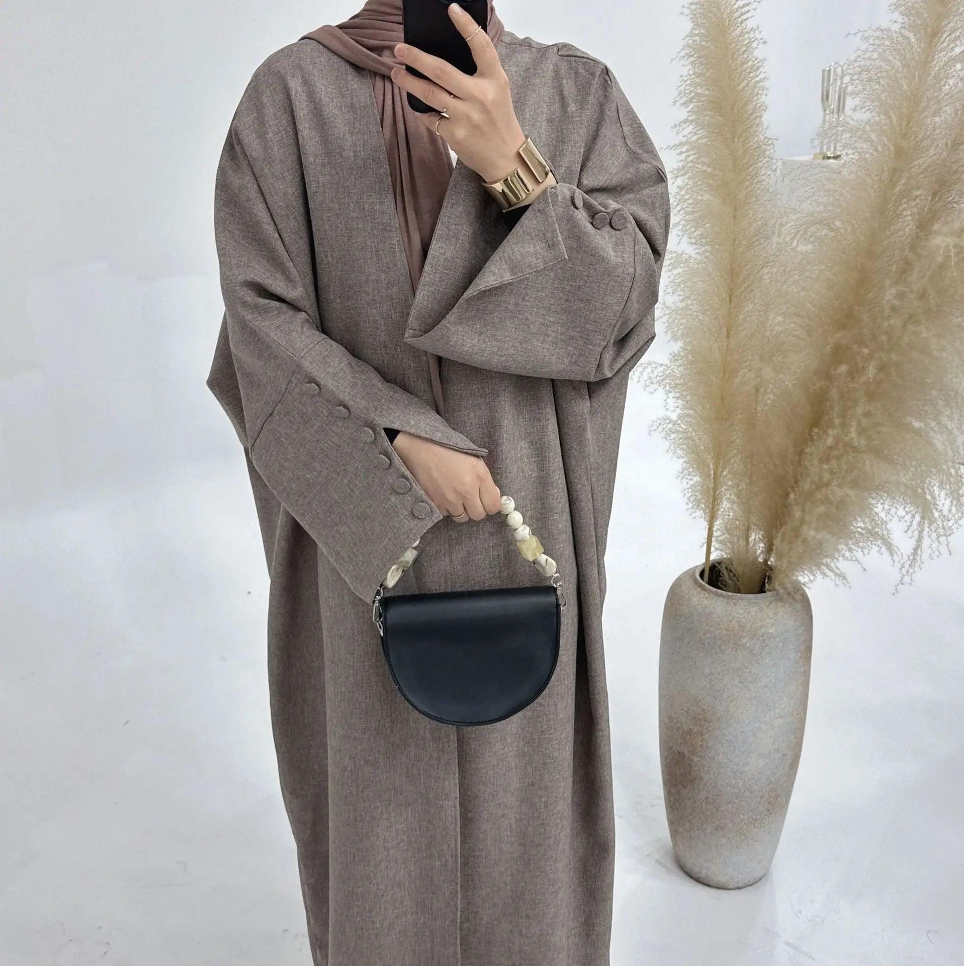 MOA042 Linen Cardigan Open Abaya Dress With belt - Mariam's Collection