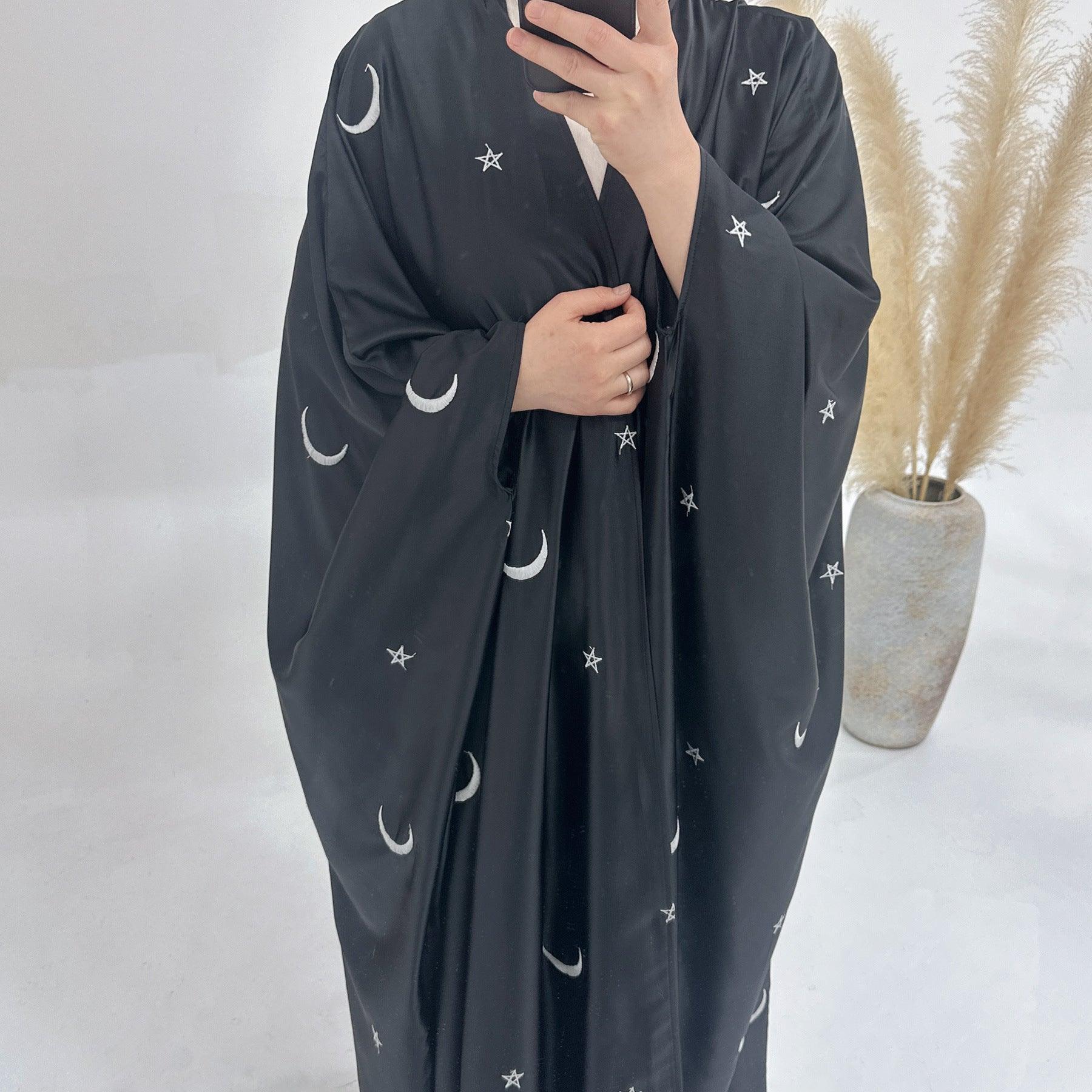 MOA043 Eid Abaya Design Moon and Star Embroidery Open Abaya - Mariam's Collection