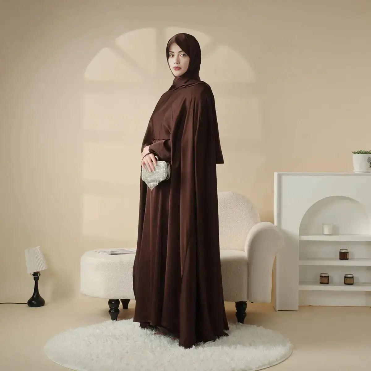 MOA044 Luxury Satin Wedding Cape Jewel Neck Cloak Bridal Abaya 3-Piece Set (Preorder 20 days) - Mariam's Collection