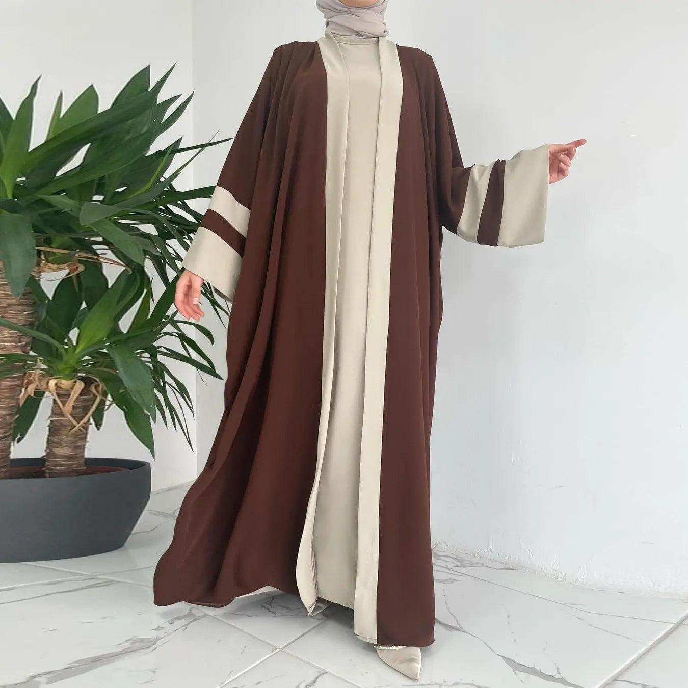 MOA045 Two-Color Splicing Open Abaya 2-Piece Set - Mariam's Collection