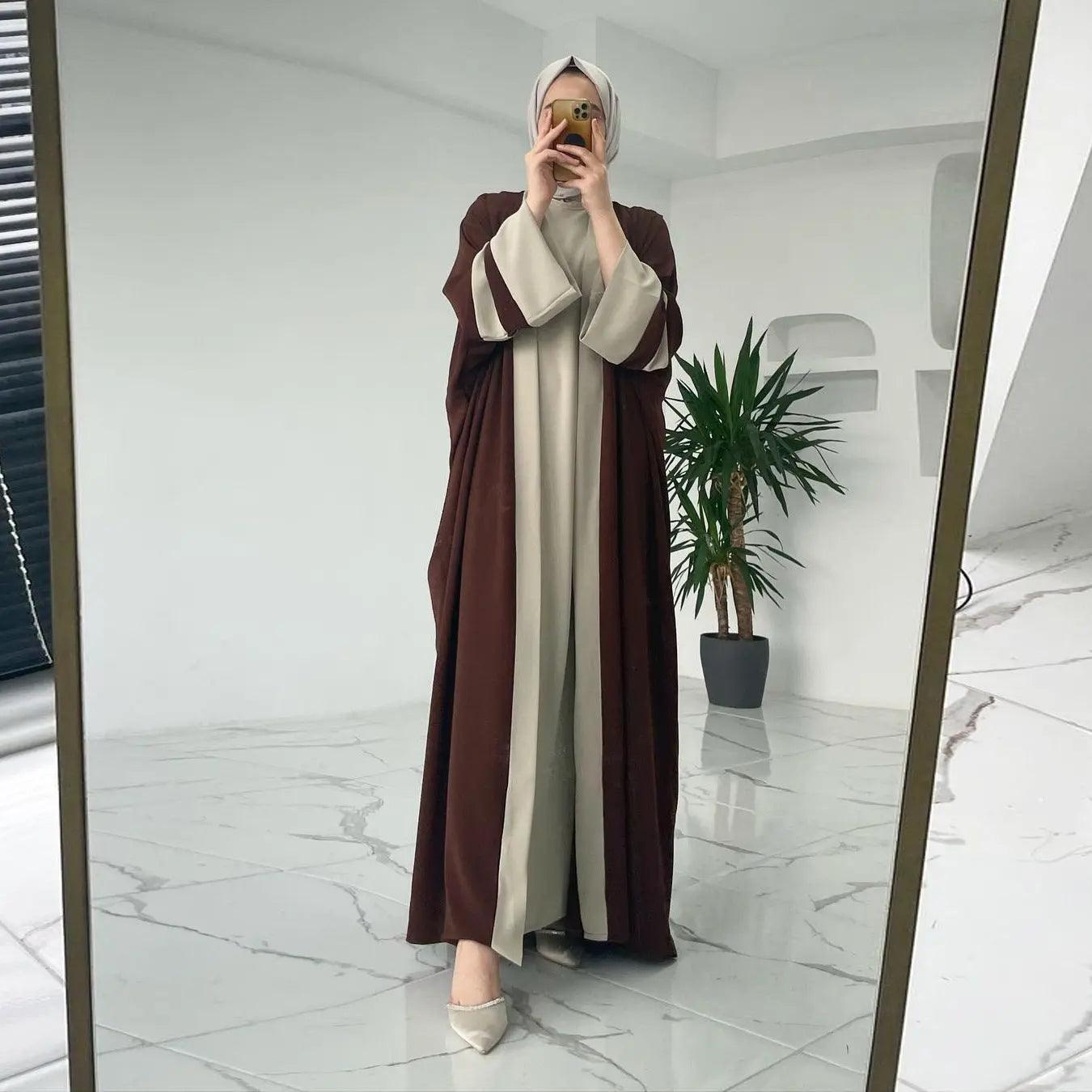 MOA045 Two-Color Splicing Open Abaya 2-Piece Set - Mariam's Collection