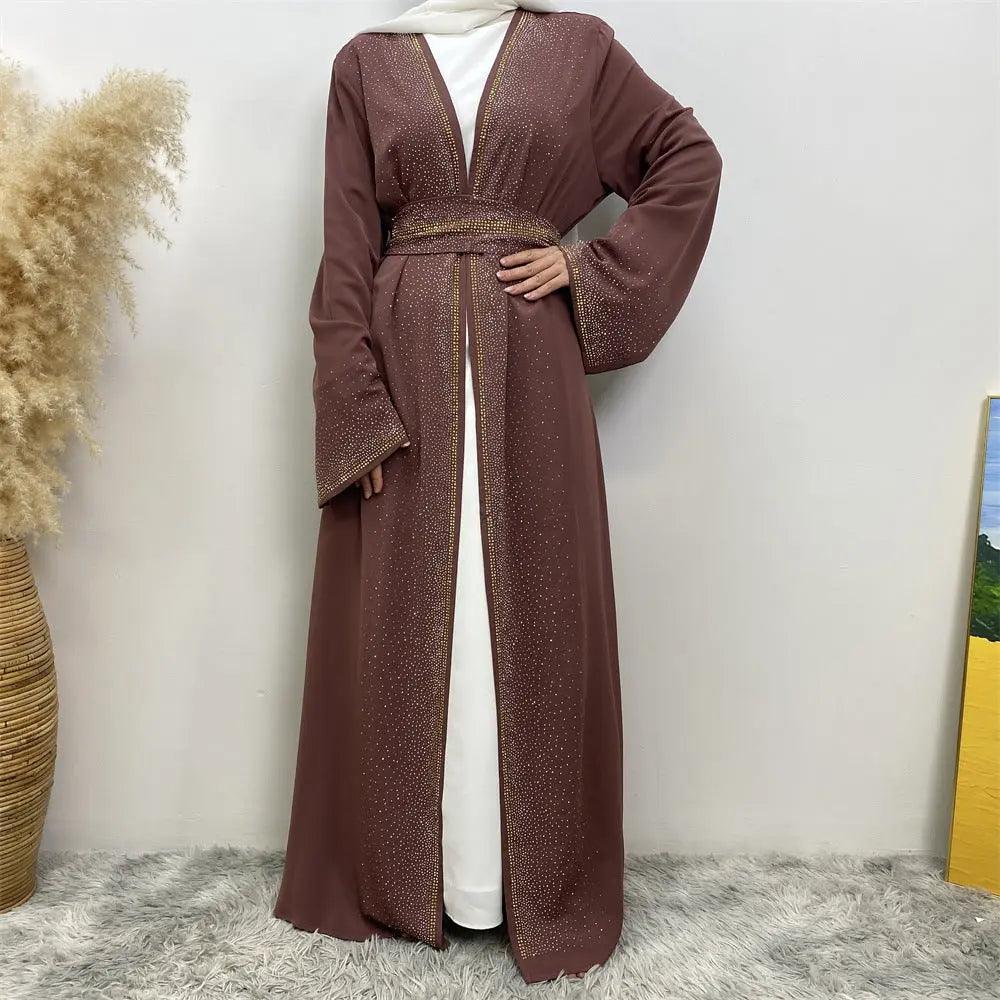 MOA046 Hot Rhinestones Side-Pockets Open Abaya - Mariam's Collection