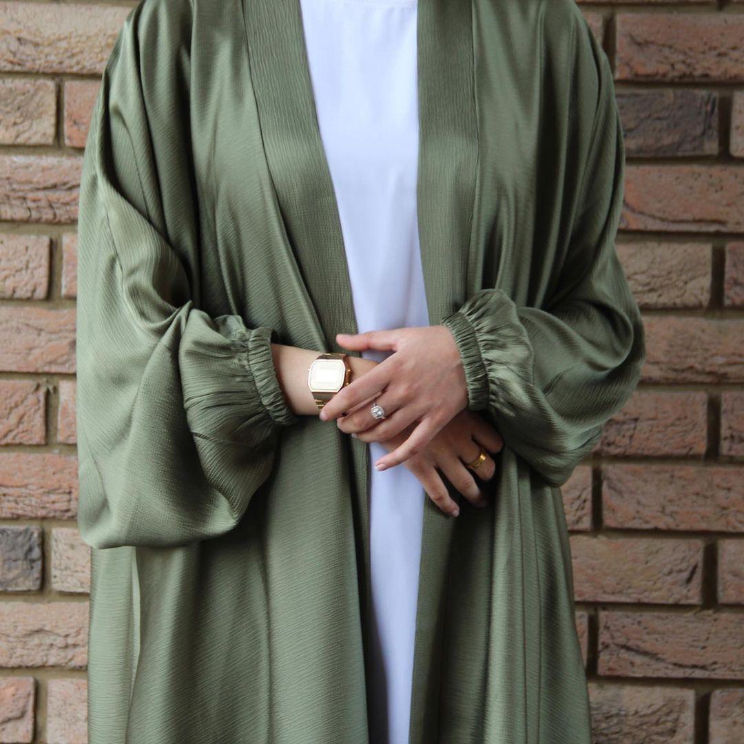 MOA048 Satin Bunched Sleeve Open Abaya - Mariam's Collection
