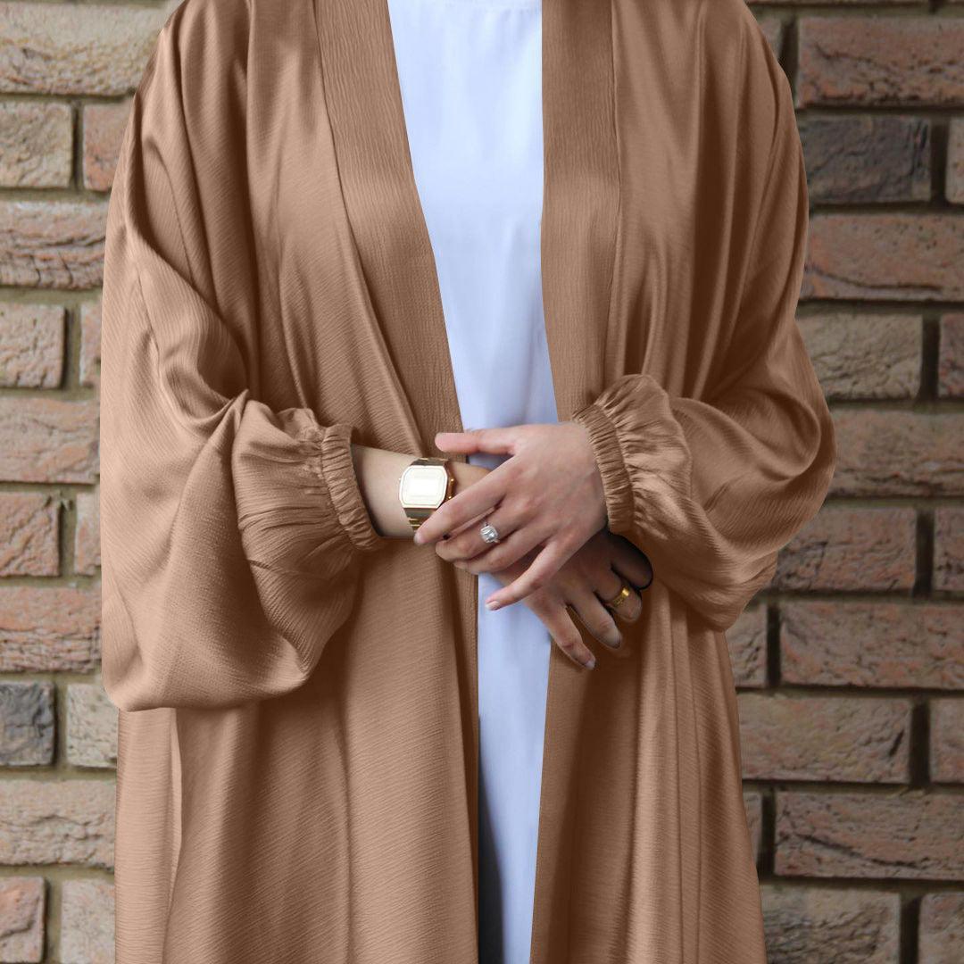 MOA048 Satin Bunched Sleeve Open Abaya - Mariam's Collection