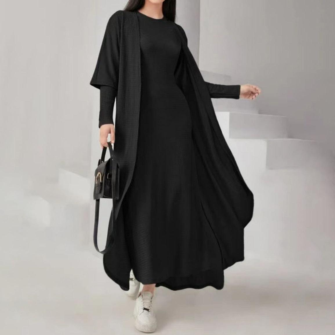 MOA049 Solid Color Knitted Open Abaya 2-Piece Set - Mariam's Collection