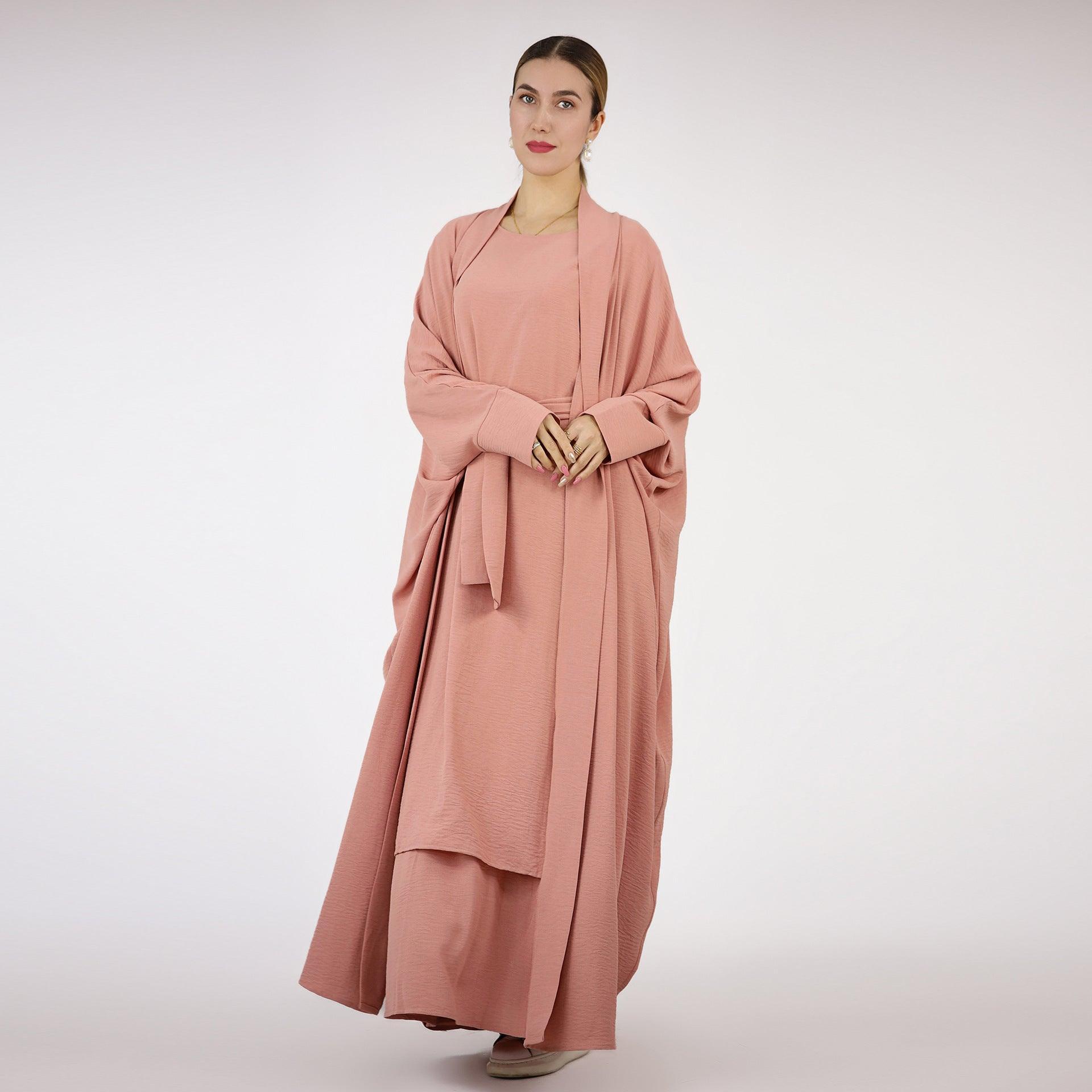 MOA052 Bat Sleeve Abaya Solid Colour Dress 3-Piece Abaya Set - Mariam's Collection