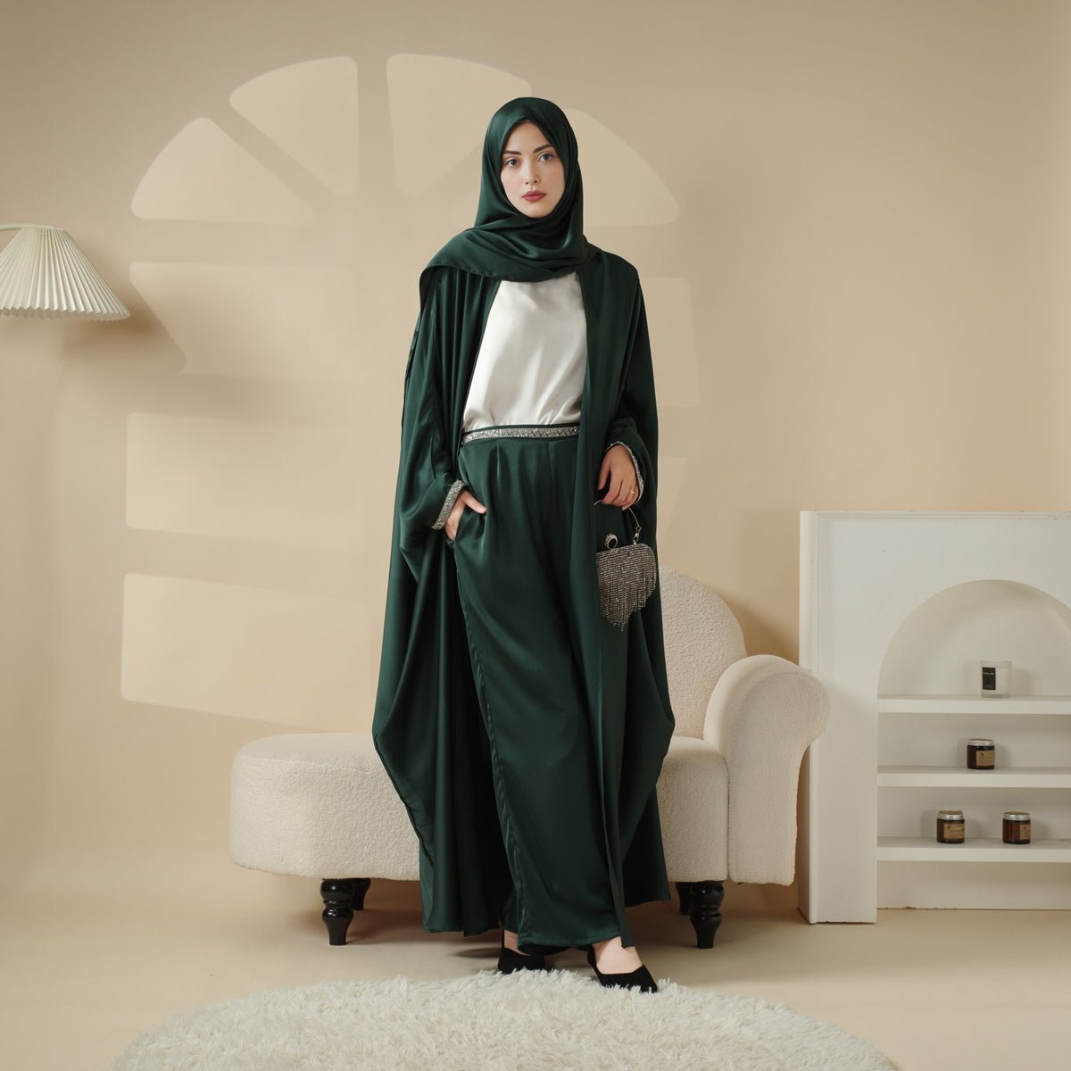 MOA060 Satin Shirt and Rhinestone Waist Trousers 4 - Piece Set Abaya - Mariam's Collection