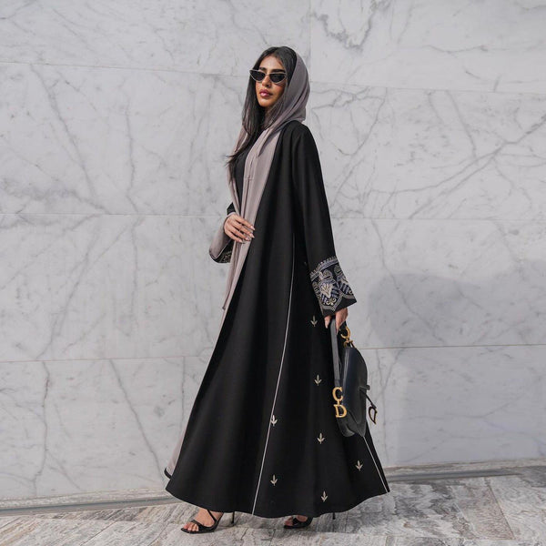 Elegant embroidered open black abaya - dressy everyday black abaya