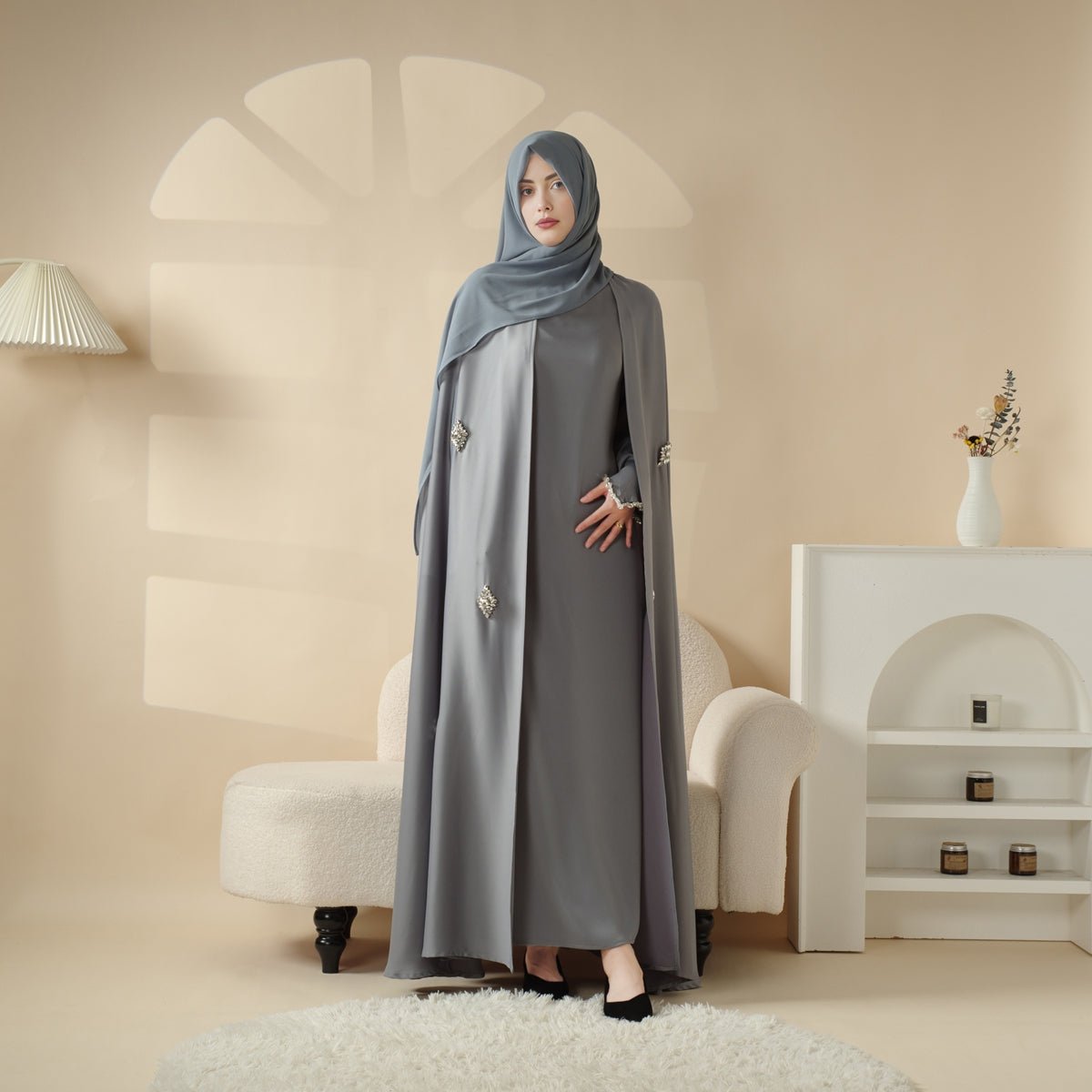 MOA067 Haute Couture Heavy Craftion Rhinestone Cape Abaya - Mariam's Collection