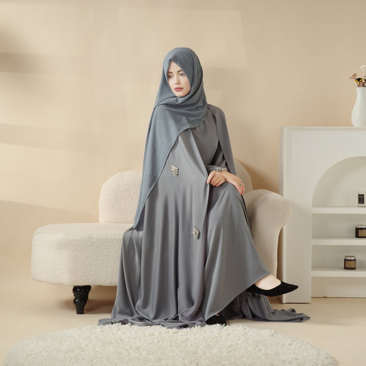 MOA067 Haute Couture Heavy Craftion Rhinestone Cape Abaya - Mariam's Collection