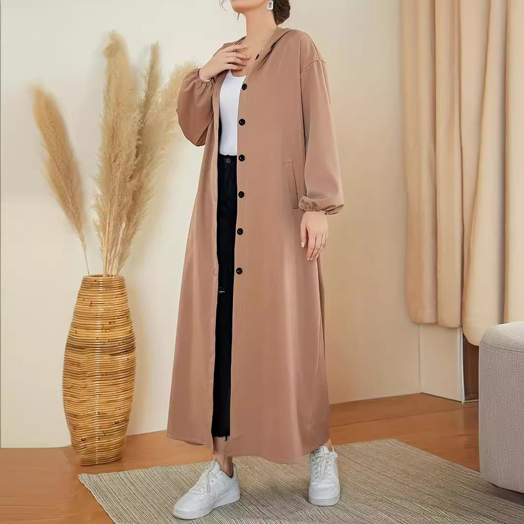 MOA070 Button Hooded Coat Abaya - Mariam's Collection