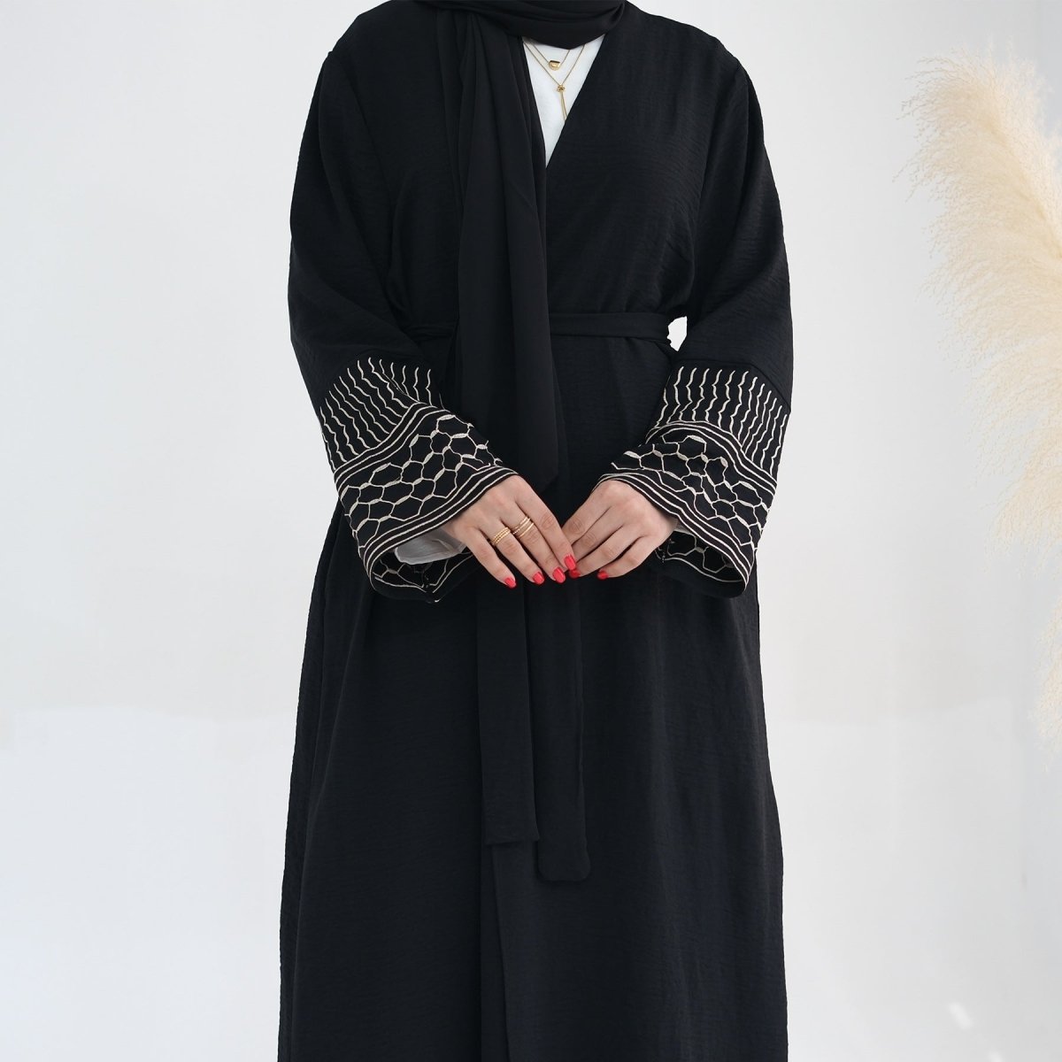 MOA072 Crepe Embroidered Open Abaya - Mariam's Collection