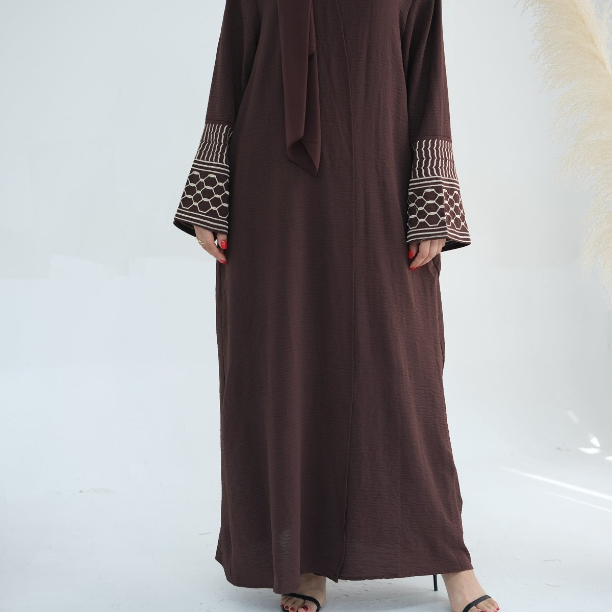 MOA072 Crepe Embroidered Open Abaya - Mariam's Collection