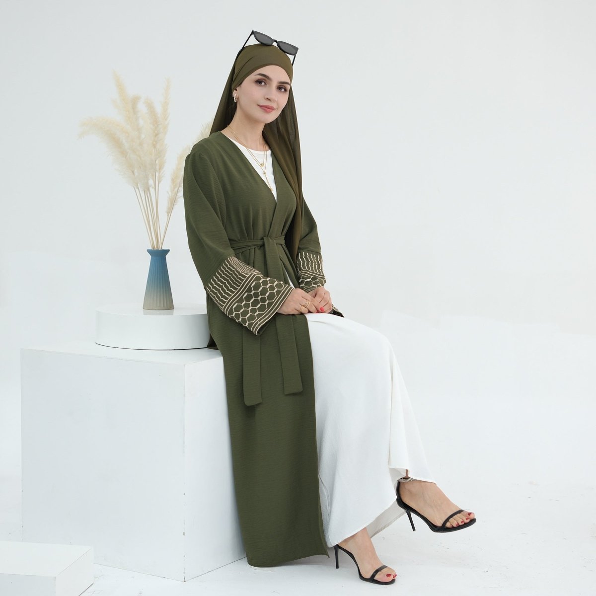 MOA072 Crepe Embroidered Open Abaya - Mariam's Collection