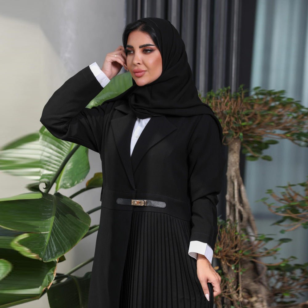 MOA082 Stylish Leather Buttoned Pleated Abaya - Mariam's Collection