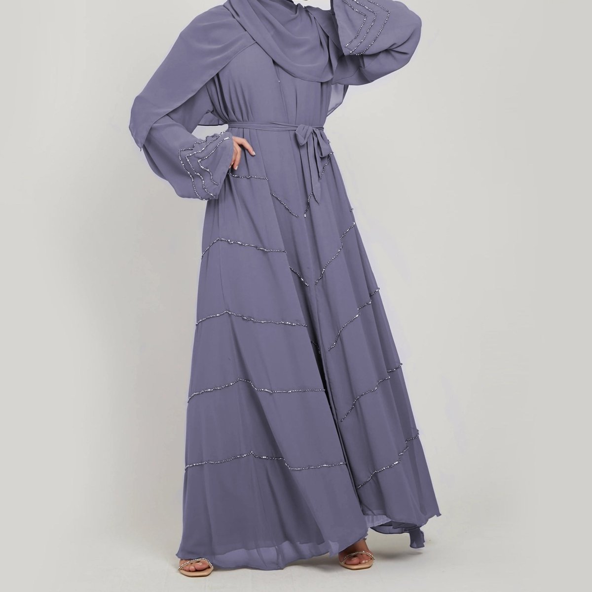 MOA083 Solid Color Rhinestone Embellished Abaya - Mariam's Collection