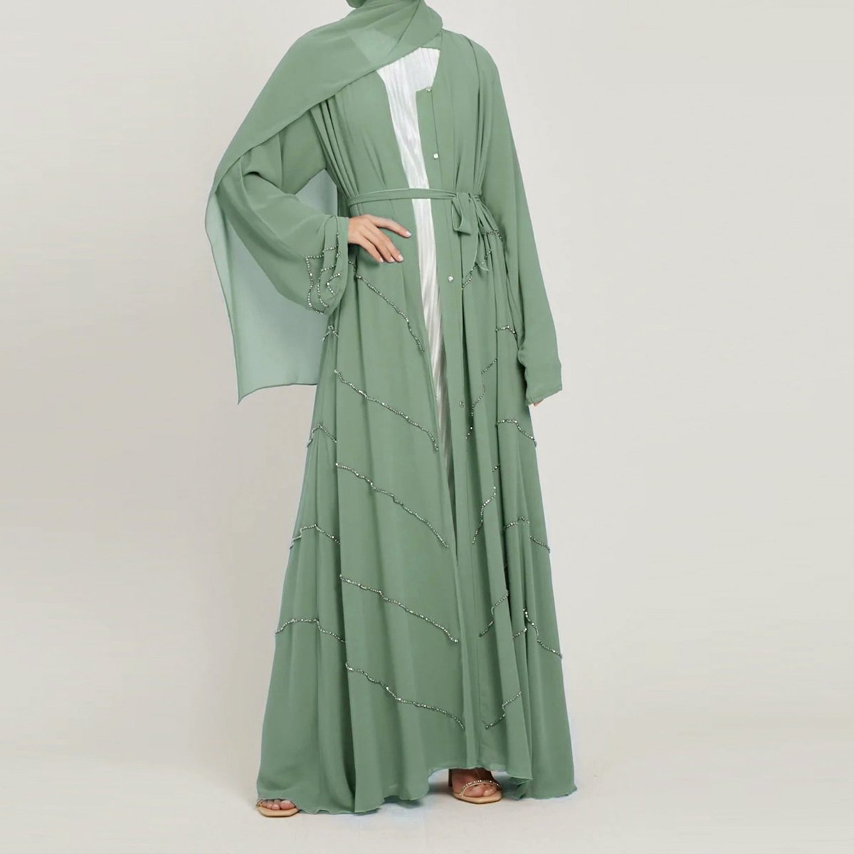 MOA083 Solid Color Rhinestone Embellished Abaya - Mariam's Collection