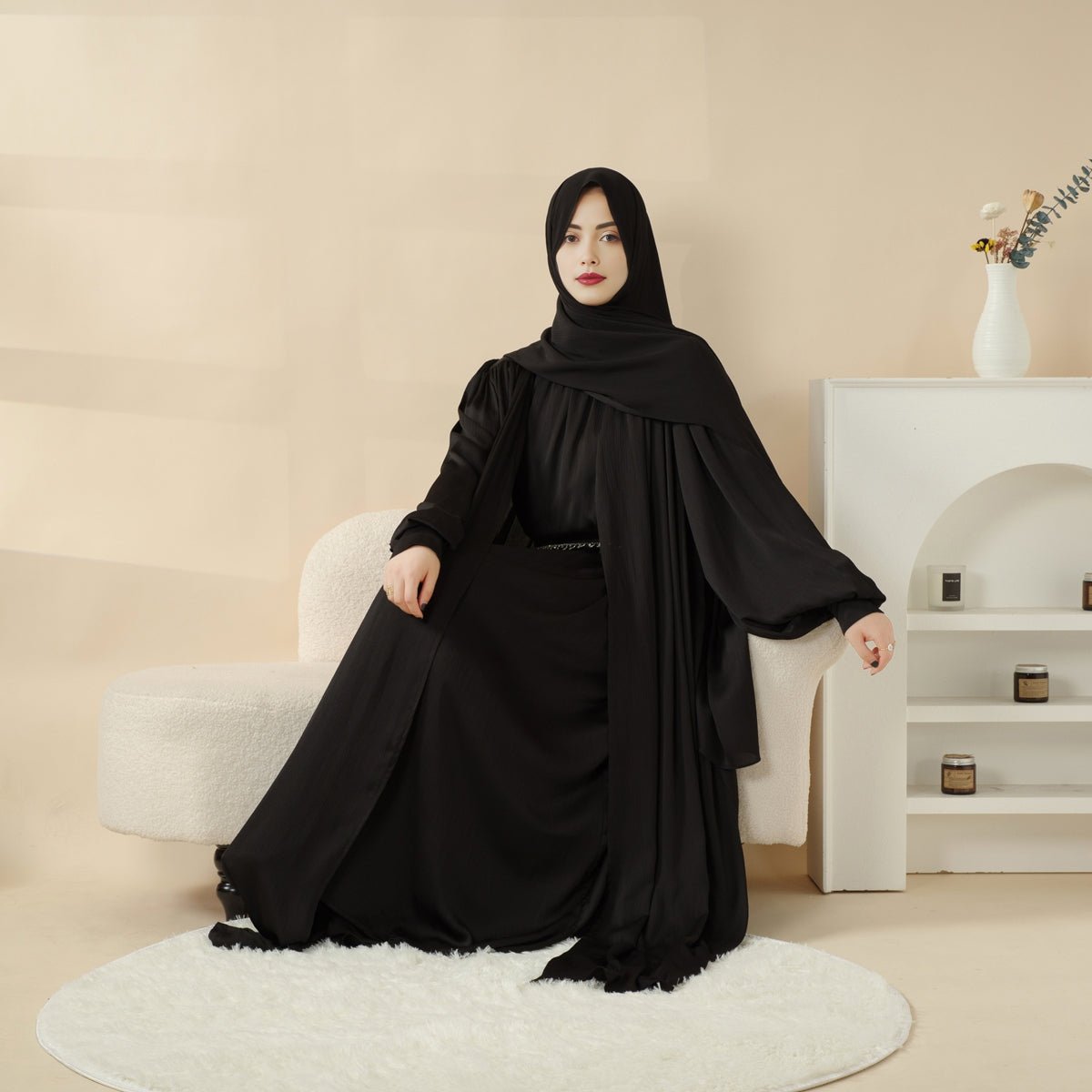 MOA084 Large Pleated Lantern Sleeve 4 - Piece Set Abaya - Mariam's Collection