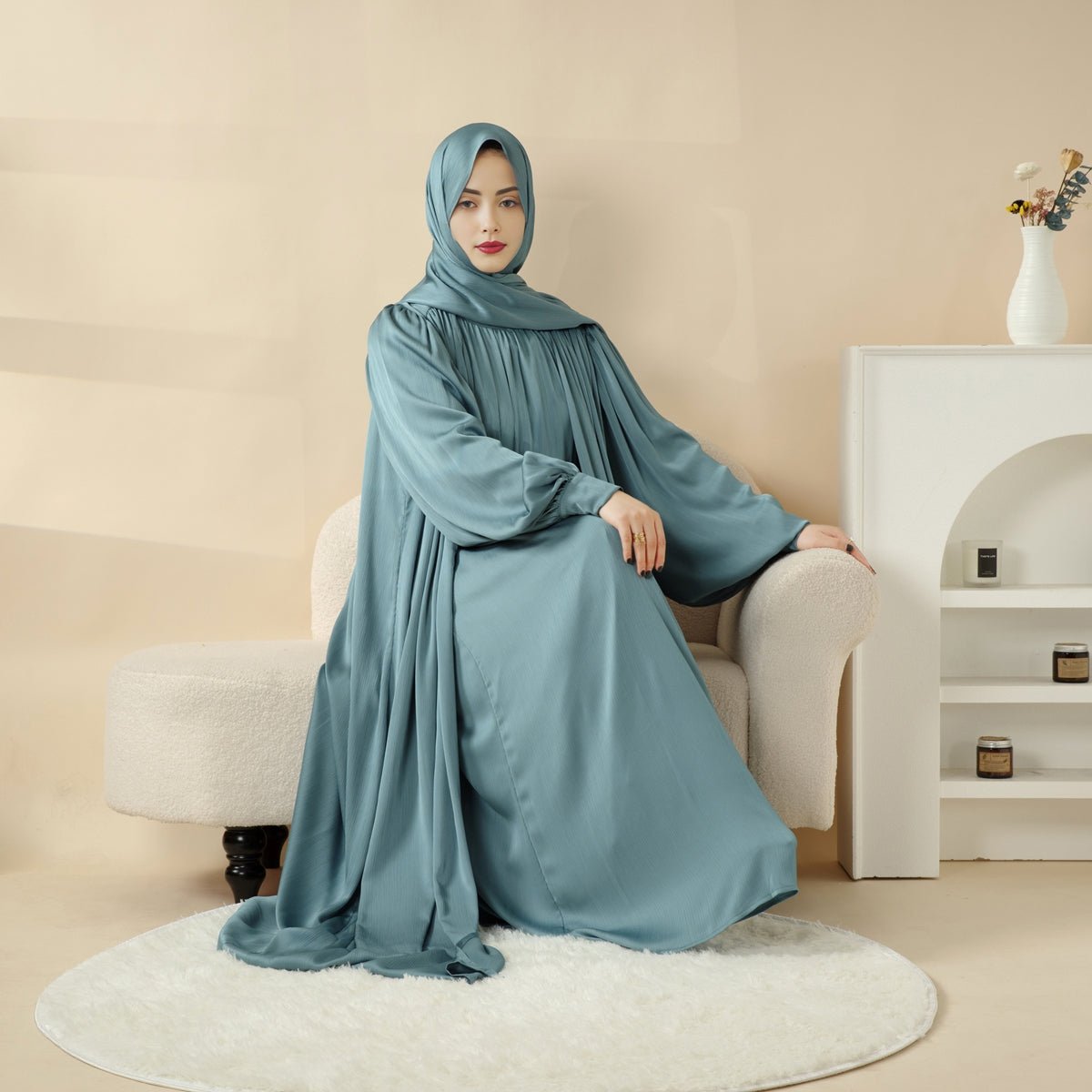 MOA084 Large Pleated Lantern Sleeve 4 - Piece Set Abaya - Mariam's Collection