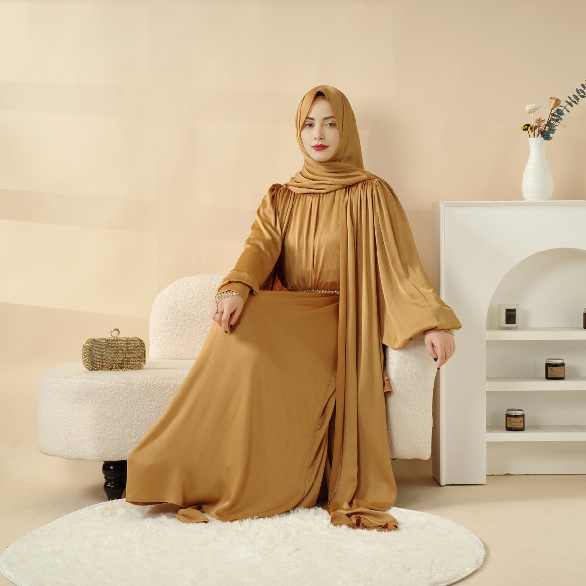 MOA084 Large Pleated Lantern Sleeve 4 - Piece Set Abaya - Mariam's Collection