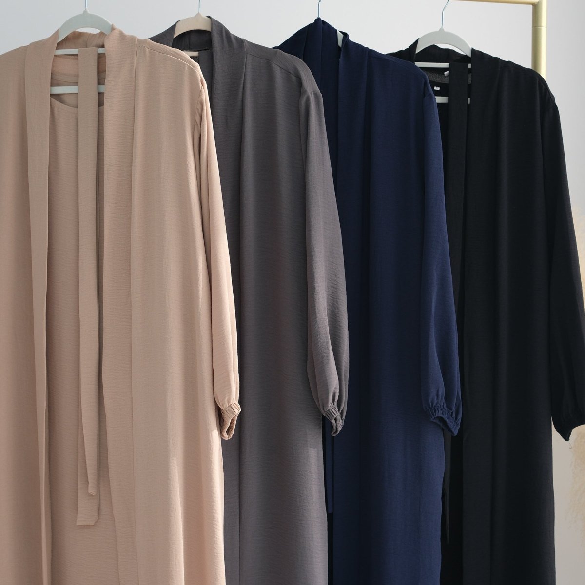 MOA092 Solid Color Elegant Open Abaya with Pockets 3 - Piece Set - Mariam's Collection