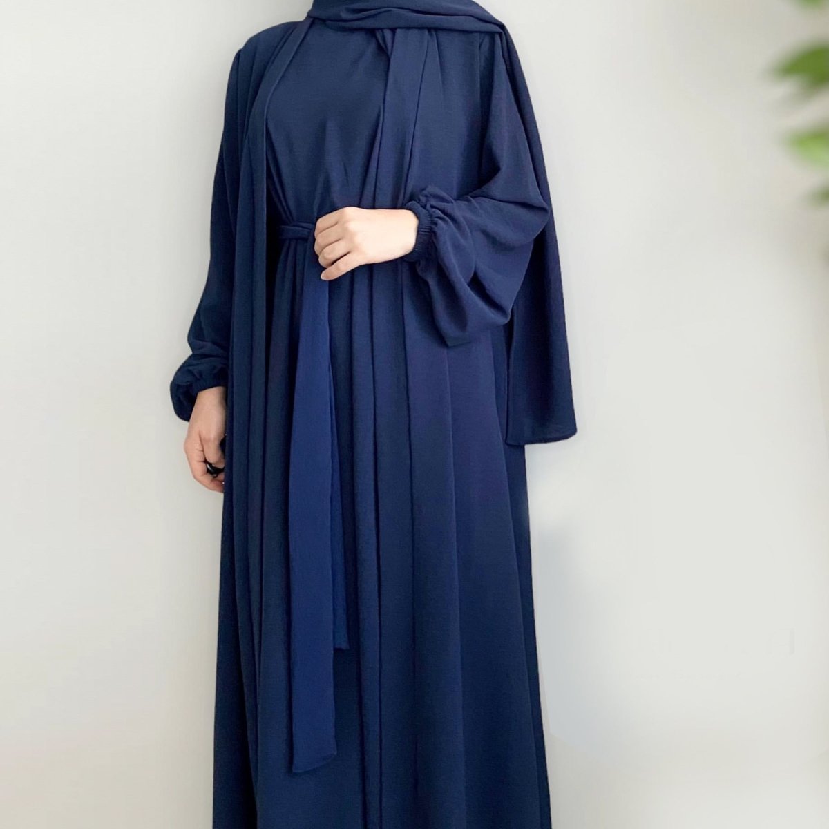 MOA092 Solid Color Elegant Open Abaya with Pockets 3 - Piece Set - Mariam's Collection