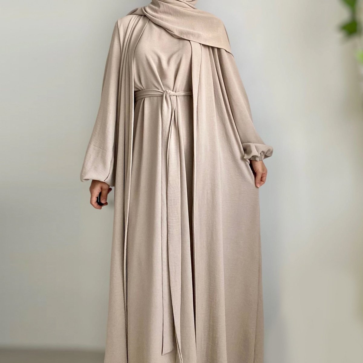 MOA092 Solid Color Elegant Open Abaya with Pockets 3 - Piece Set - Mariam's Collection