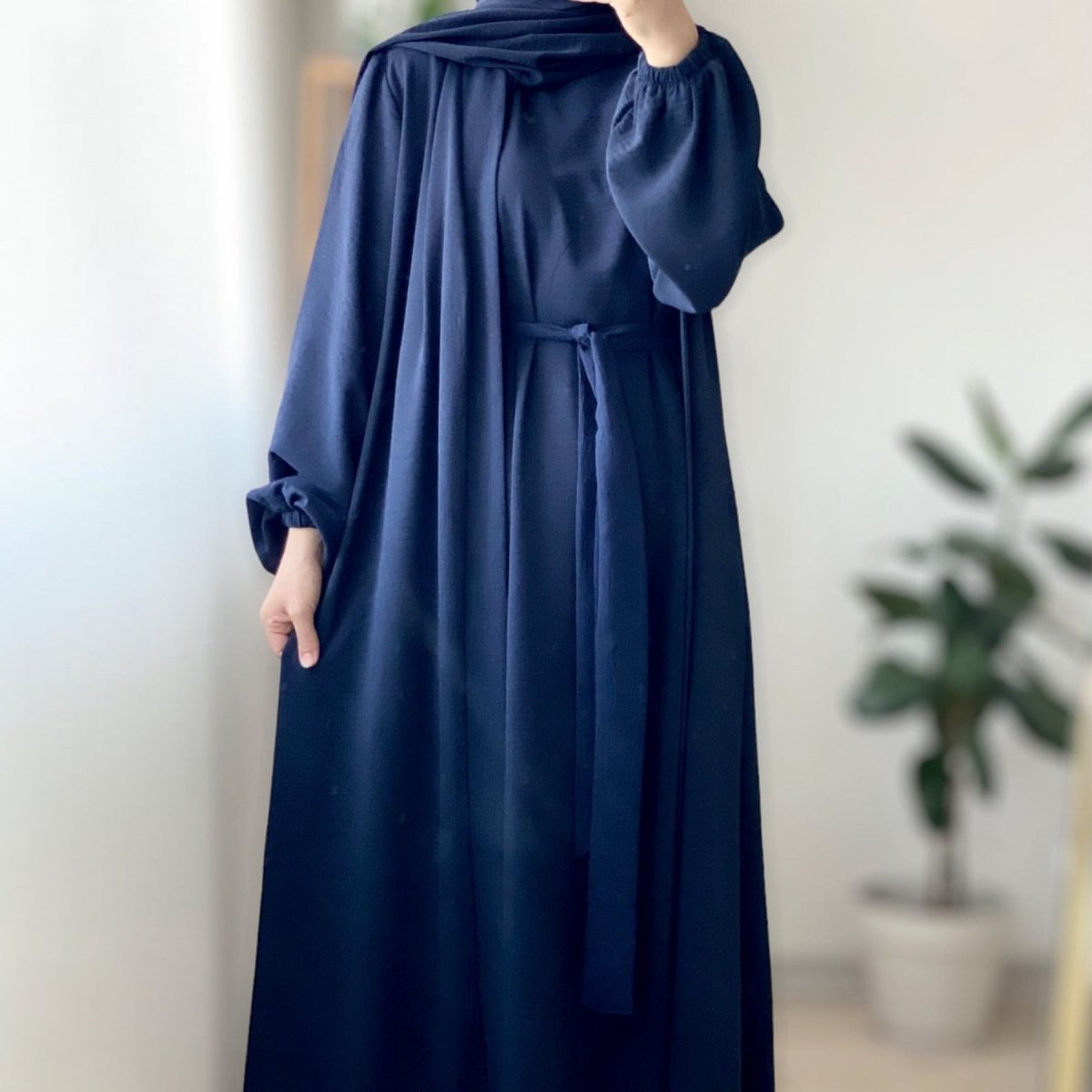 MOA092 Solid Color Elegant Open Abaya with Pockets 3 - Piece Set - Mariam's Collection