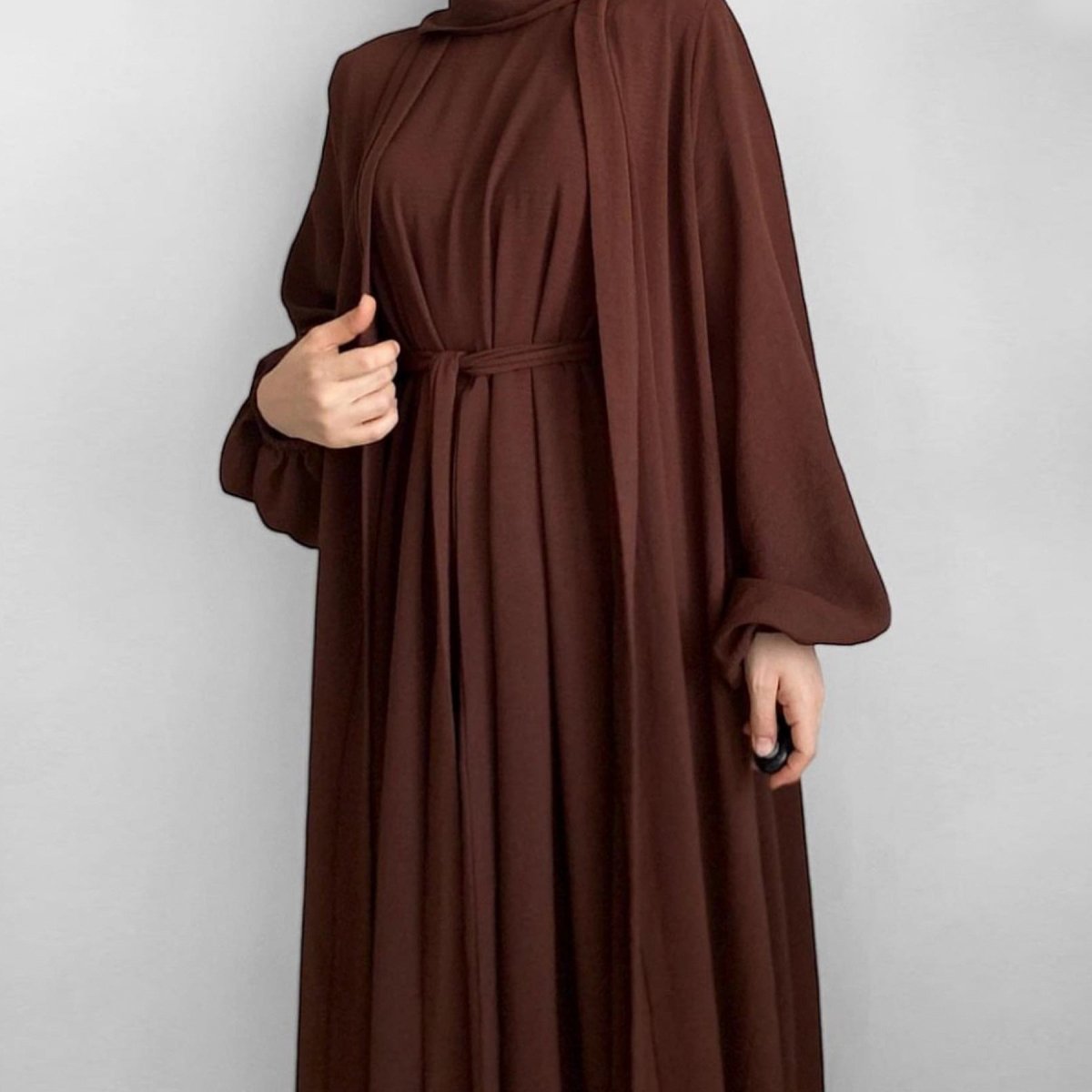 MOA092 Solid Color Elegant Open Abaya with Pockets 3 - Piece Set - Mariam's Collection