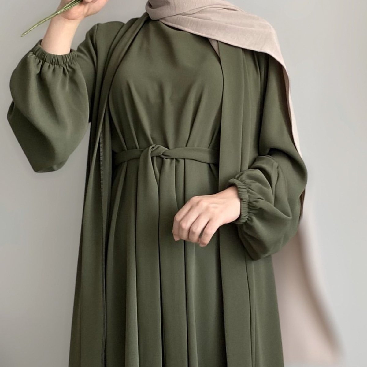 MOA092 Solid Color Elegant Open Abaya with Pockets 3 - Piece Set - Mariam's Collection