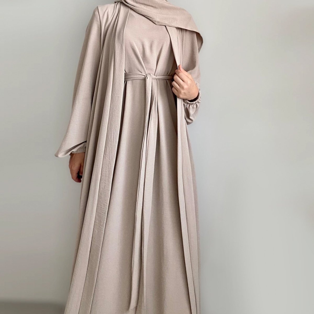 MOA092 Solid Color Elegant Open Abaya with Pockets 3 - Piece Set - Mariam's Collection