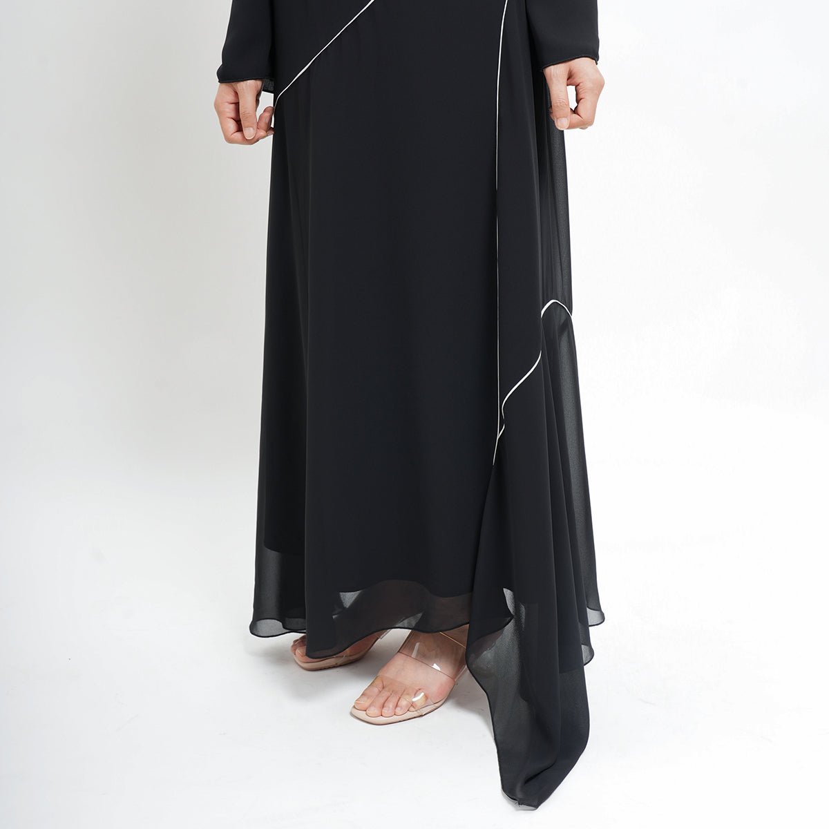 Modern Modest Chiffon Asymmetrical Design White Contrast Line Black Cape - Overlay Abaya (MA154) - Mariam's Collection