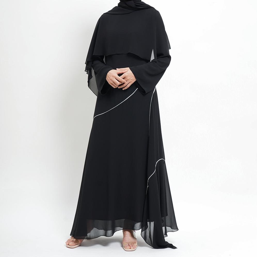 Modern Modest Chiffon Asymmetrical Design White Contrast Line Black Cape - Overlay Abaya (MA154) - Mariam's Collection