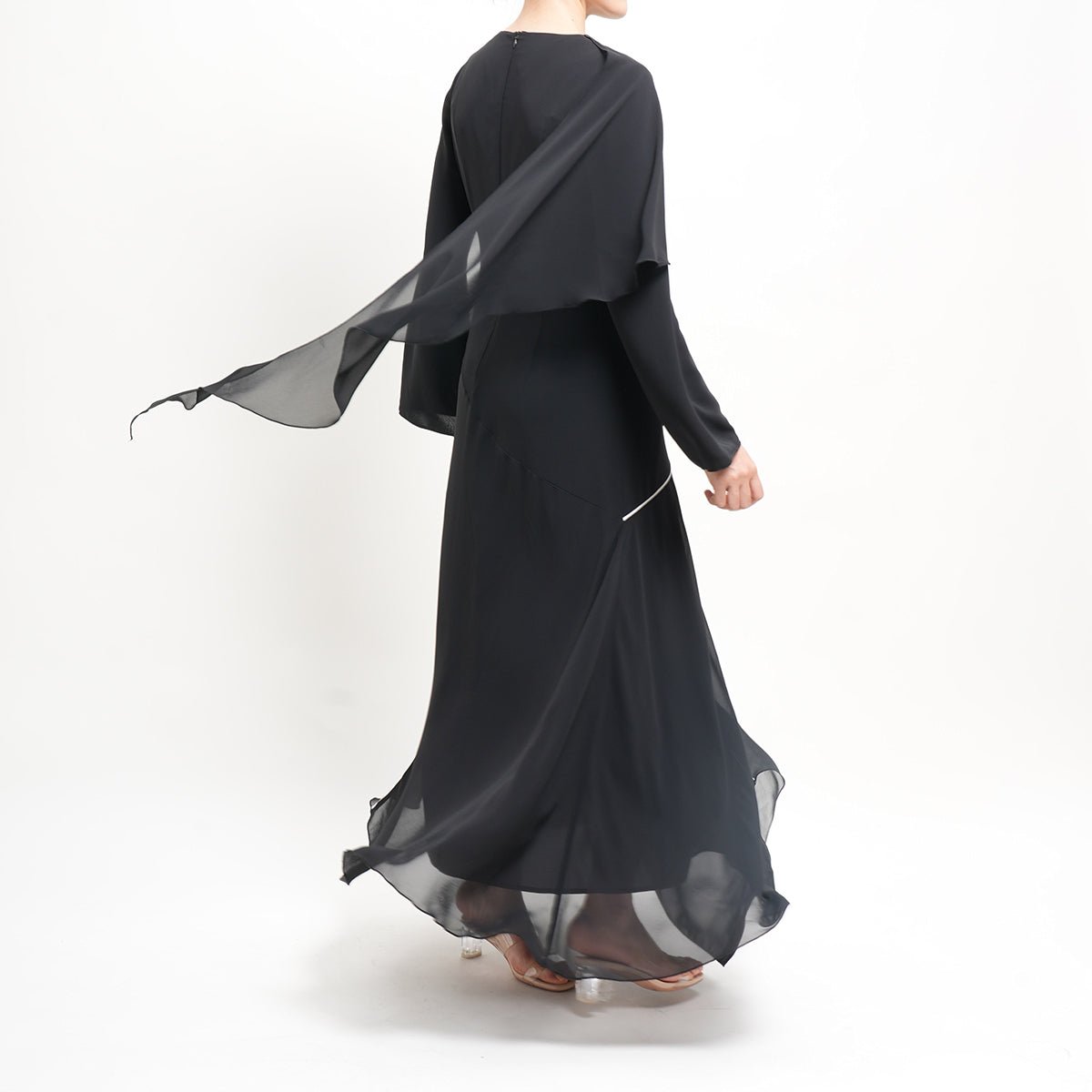 Modern Modest Chiffon Asymmetrical Design White Contrast Line Black Cape - Overlay Abaya (MA154) - Mariam's Collection