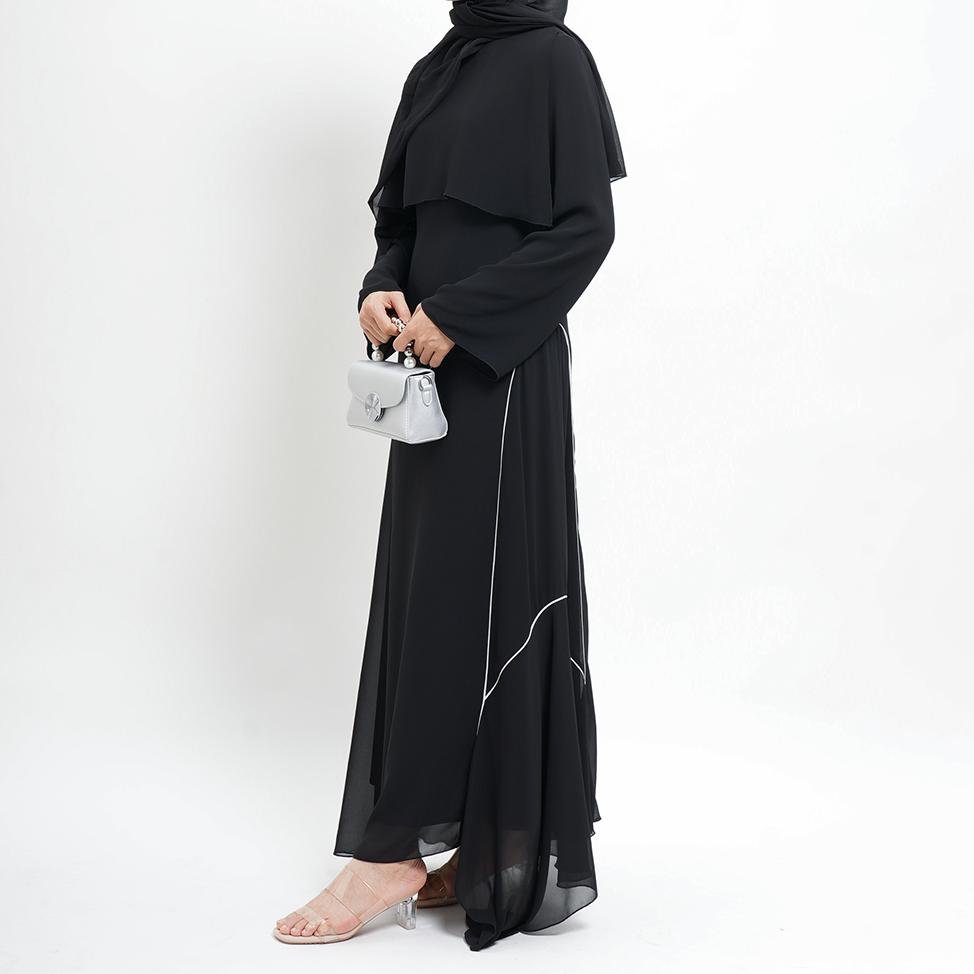 Modern Modest Chiffon Asymmetrical Design White Contrast Line Black Cape - Overlay Abaya (MA154) - Mariam's Collection