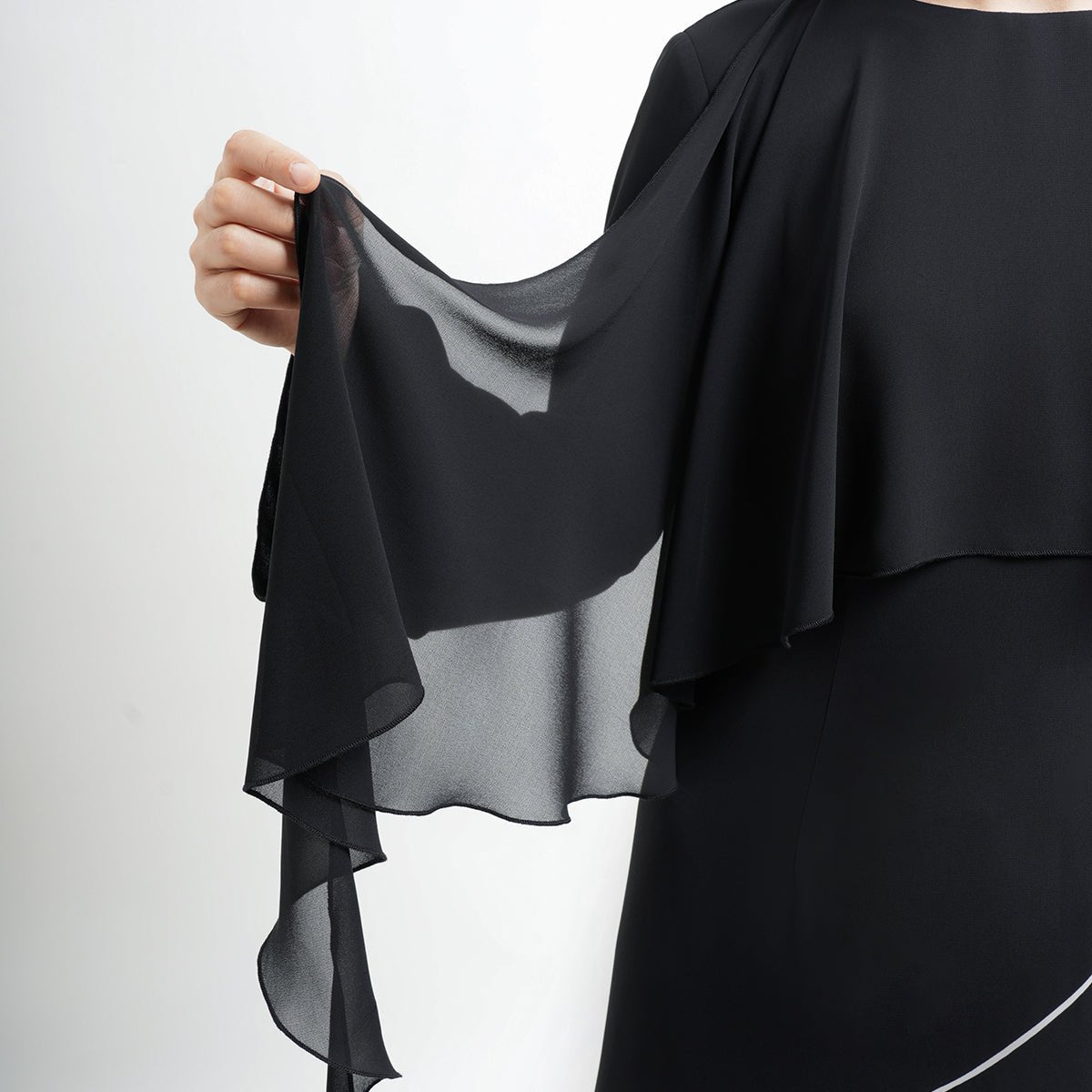 Modern Modest Chiffon Asymmetrical Design White Contrast Line Black Cape - Overlay Abaya (MA154) - Mariam's Collection