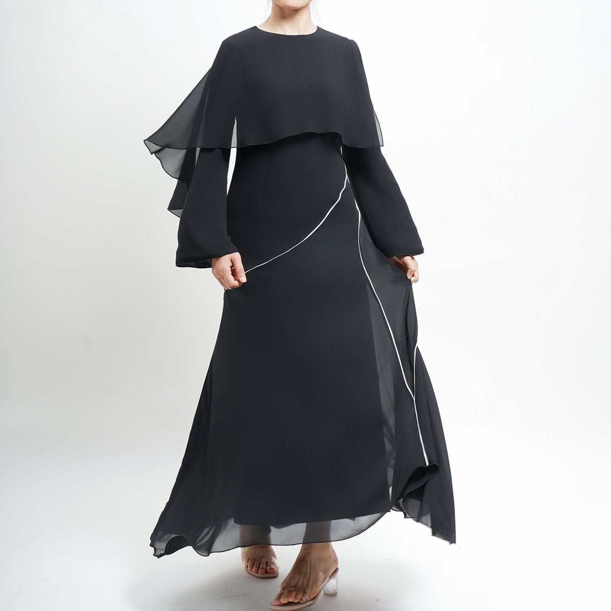 Modern Modest Chiffon Asymmetrical Design White Contrast Line Black Cape - Overlay Abaya (MA154) - Mariam's Collection