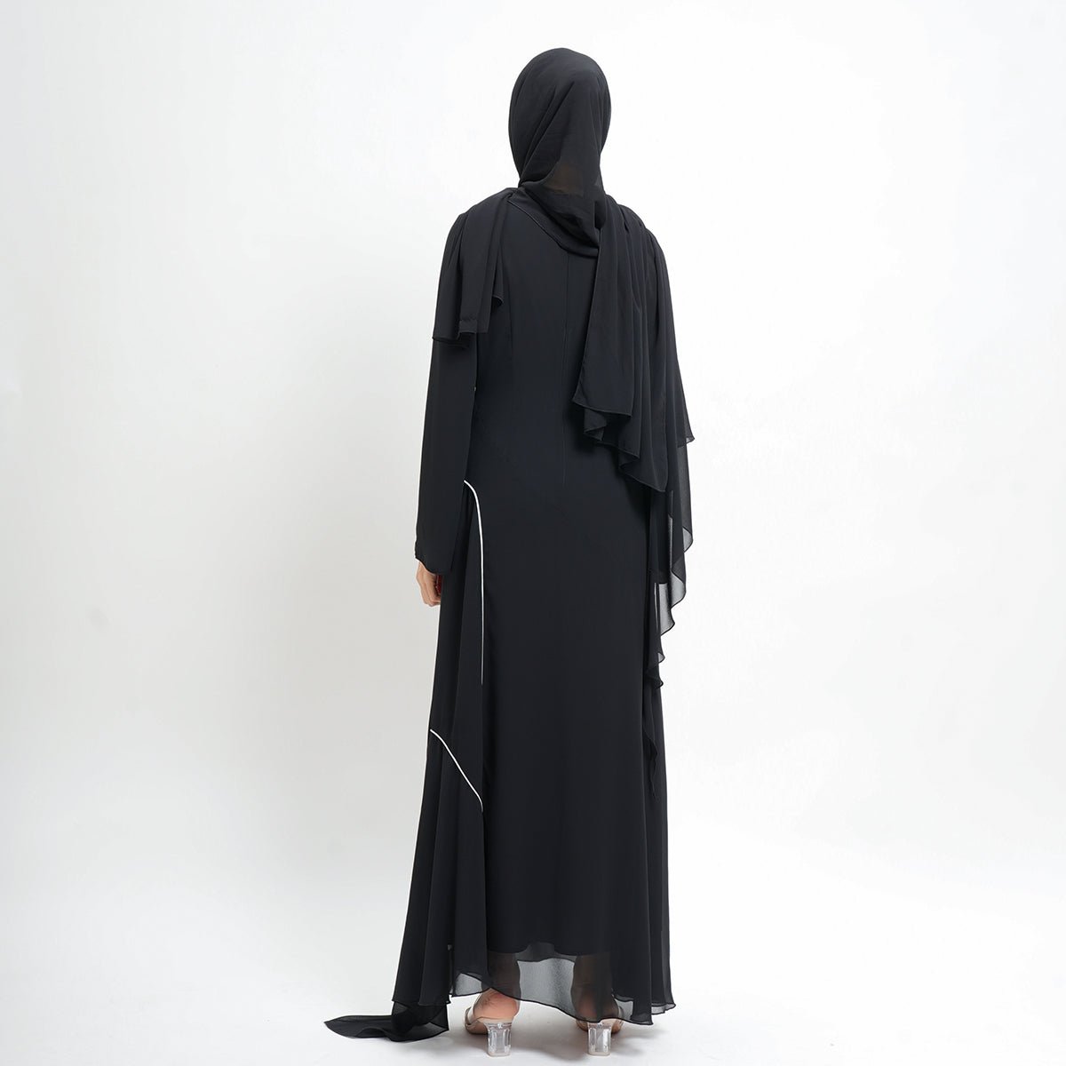 Modern Modest Chiffon Asymmetrical Design White Contrast Line Black Cape - Overlay Abaya (MA154) - Mariam's Collection