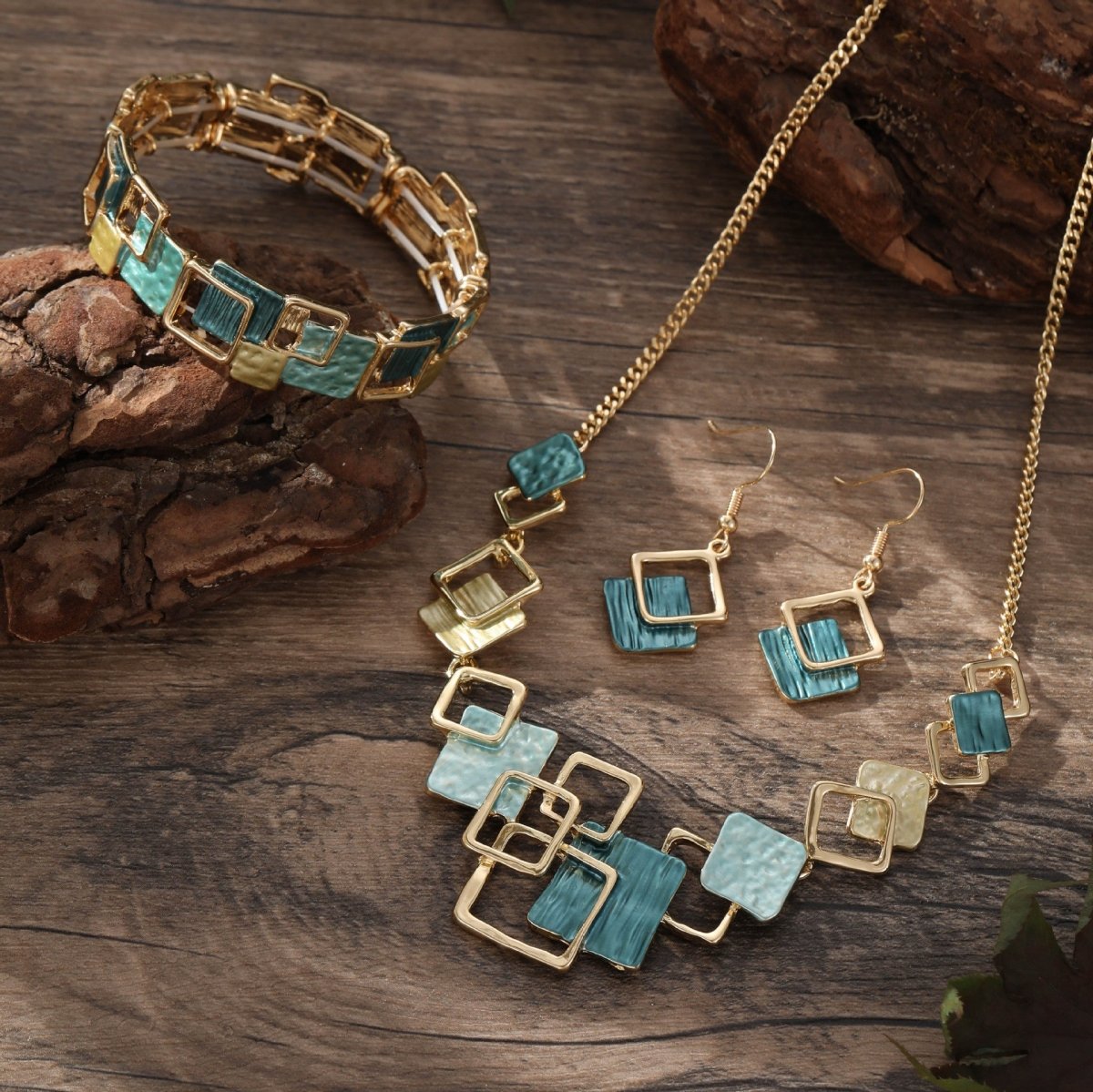 Modernist Geometric Square Earrings Bracelet Necklace Set (MAC318) - Mariam's Collection
