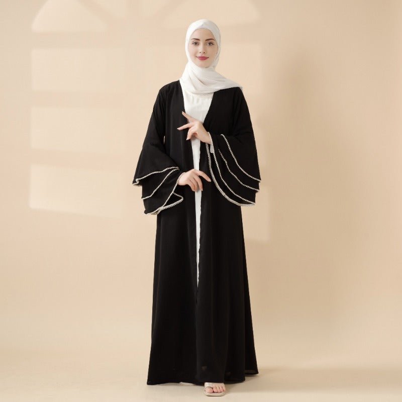 Modest Cardigan Black Robe Beaded Cuff Abaya with Layered Sleeves Elegant Design.(MOA136) - Mariam's Collection