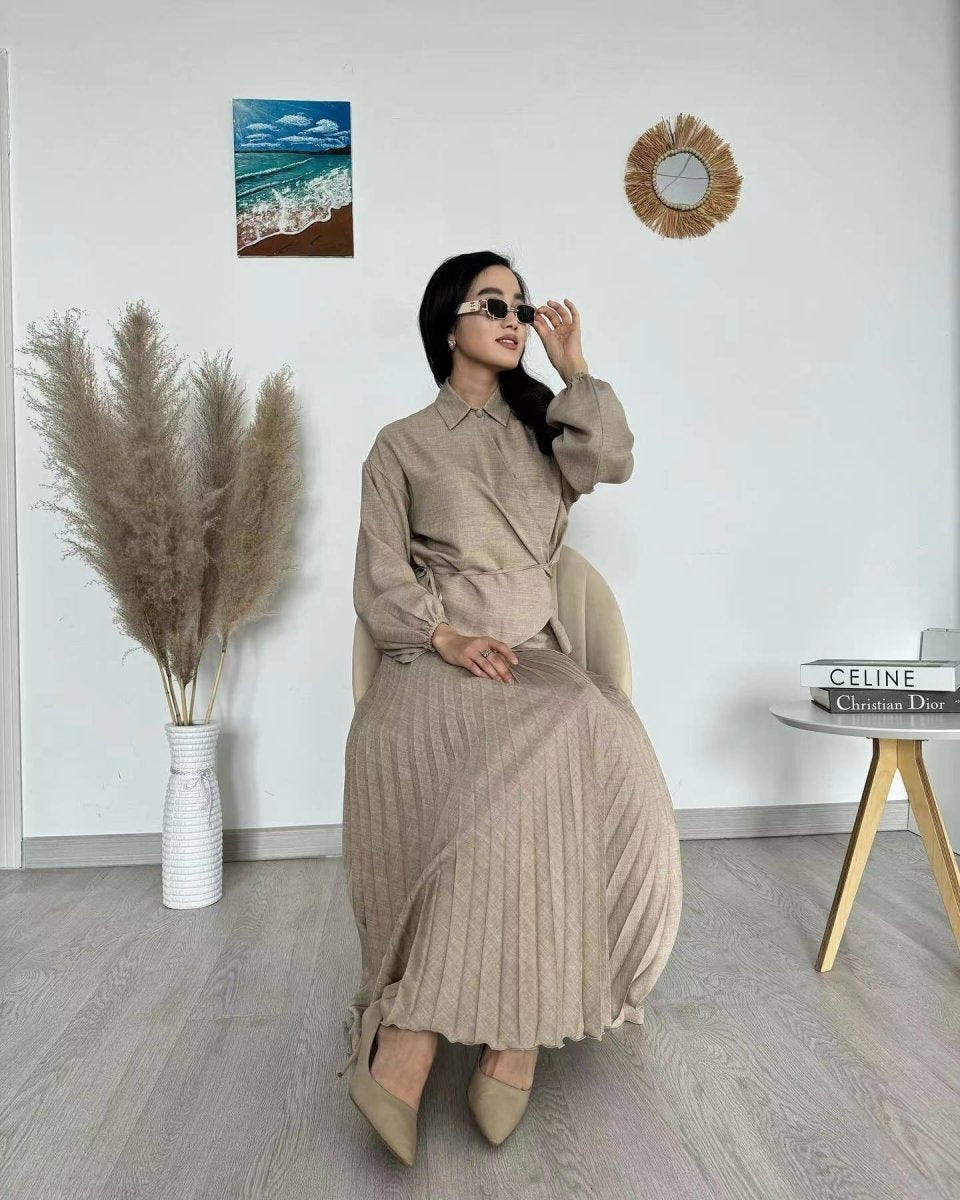 suit dress with pleated skirt Pleated Maxi Skirt Suit: Women's Blazer Jacket, Gold Buttons - Formal Modest Outfit